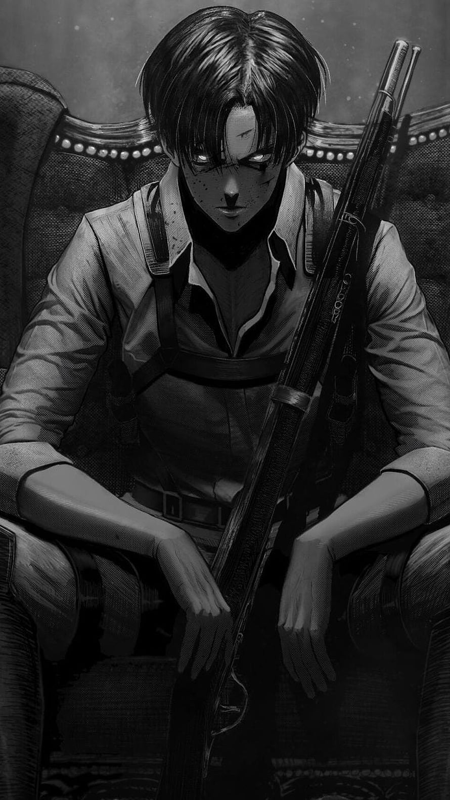 Levi Ackerman from Attack on Titan in a moody black and white anime illustration holding a rifle, Anime Attack On Titan Levi Ackerman, levi HD phone wallpaper