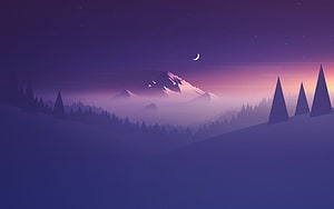 Mystical Moonlit Mountain Vista with Snowy Peaks and Pine Forest Silhouettes HD wallpaper