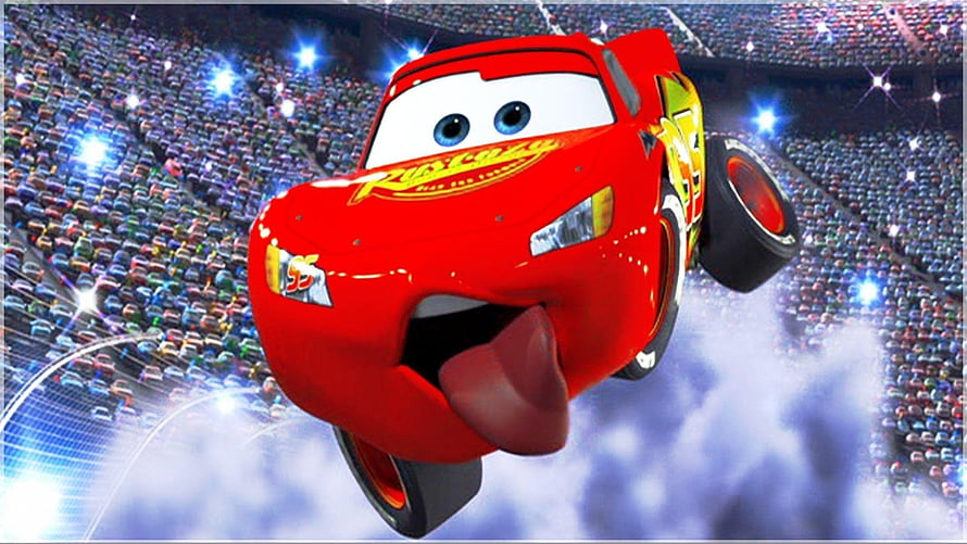 Lightning Mcqueen Leaping Through Stadium Crowd in Disney Pixar Cars 2 Animated Scene HD wallpaper