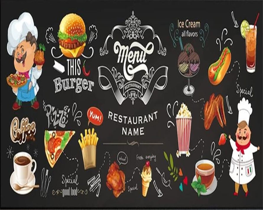 Chalkboard Style Restaurant Menu Design Featuring Cartoon Chefs and Fast Food Illustrations HD wallpaper