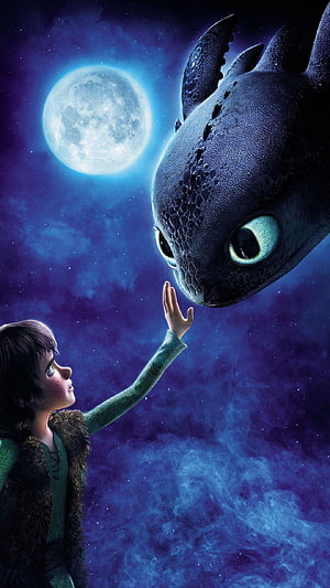 Hiccup and Toothless Share a Tender Moment Under the Moon in How To Train Your Dragon HD phone wallpaper