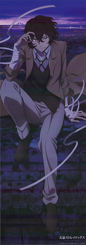 Dazai Osamu from Bungou Stray Dogs Sitting on Stone Steps at Night HD phone wallpaper