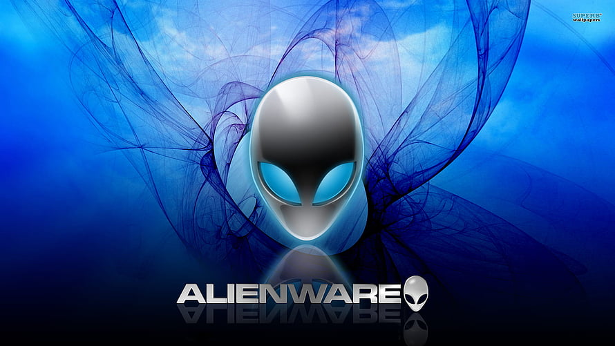 Alienware Alien Head Logo with Blue Abstract Smoke and Digital Art Background HD wallpaper