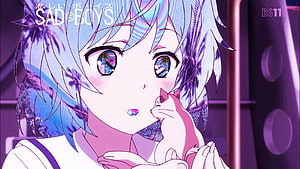 Sad Boys Anime Character Holding Small Cat in Vibrant Purple and Blue Neon Setting HD wallpaper