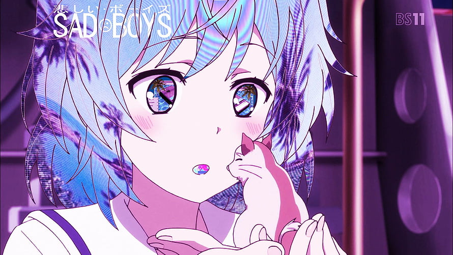 Sad Boys Anime Character Holding Small Cat in Vibrant Purple and Blue Neon Setting HD wallpaper
