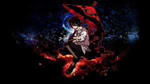 Dark Anime Boy with Red Eyes and Giant Scythe in Fiery Cosmic Setting HD wallpaper