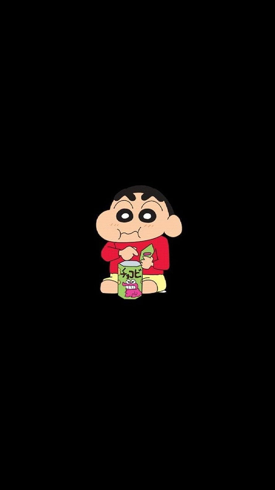Shin-chan Sitting with Snack Pack on Black Background HD phone wallpaper