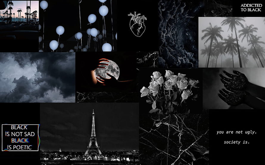 Dark Aesthetic Collage Featuring Black and White Photography, Moody Clouds, and Minimalist Typography HD wallpaper