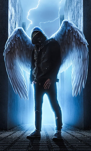 Hooded Figure With White Wings Standing In Stormy Blue Light HD phone wallpaper