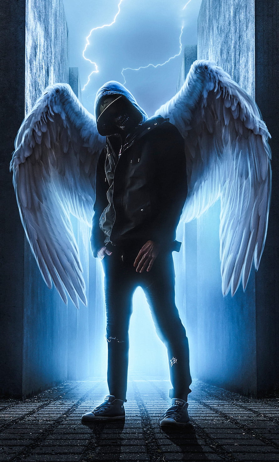 Hooded Figure With White Wings Standing In Stormy Blue Light HD phone wallpaper