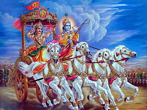 Krishna and Arjuna on the Divine Chariot in the Bhagavad Gita HD wallpaper