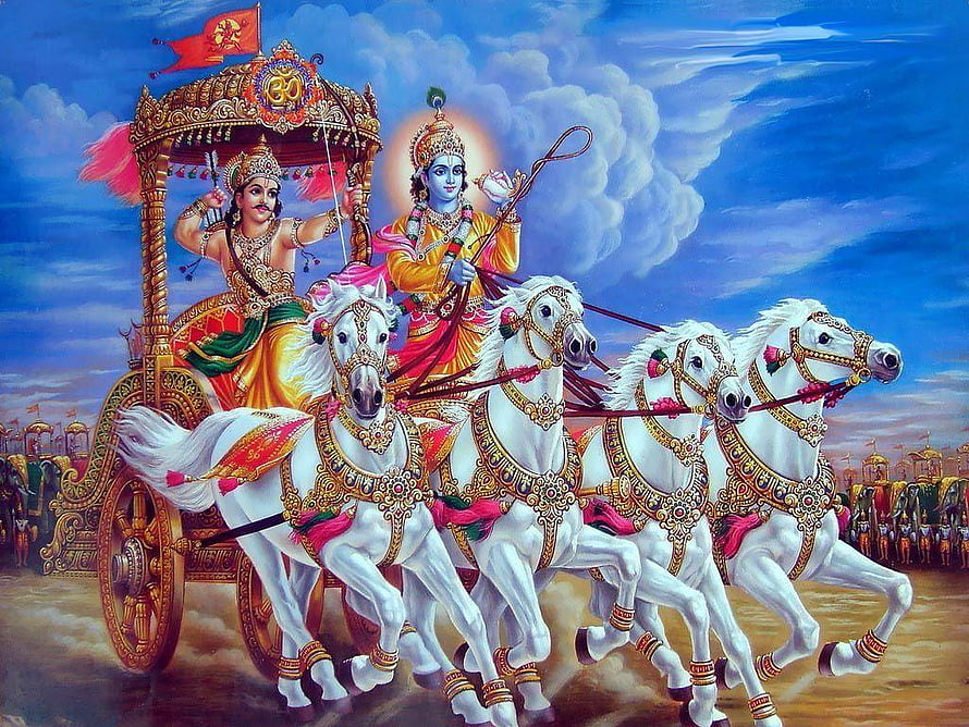 Krishna and Arjuna on the Divine Chariot in the Bhagavad Gita HD wallpaper