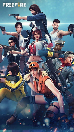 Free Fire Character Lineup Poster Featuring Armed Fighters in Action Stance HD phone wallpaper