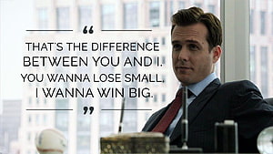 Harvey Specter in a dark suit with a bold quote about winning big in a modern office setting HD wallpaper