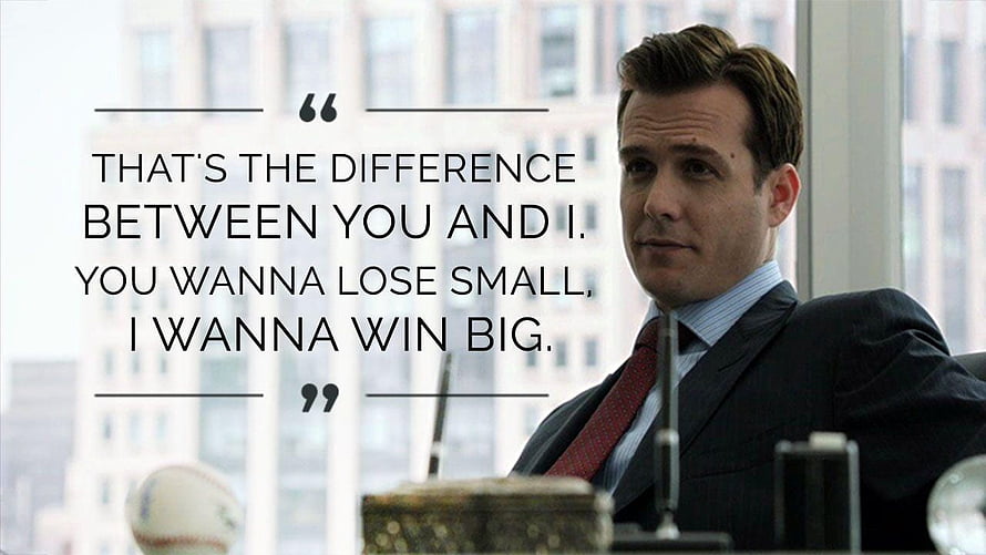 Harvey Specter in a dark suit with a bold quote about winning big in a modern office setting HD wallpaper