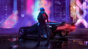 Cyberpunk 2077 Night City Scene with Character and Futuristic Sports Car HD wallpaper
