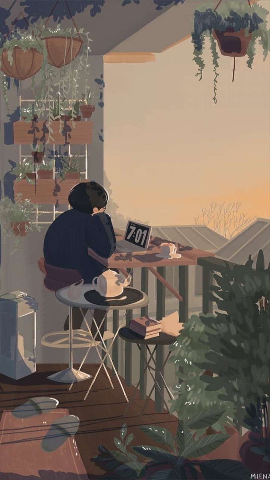 Cozy Balcony Morning Scene with Laptop and Tea in Soft Digital Illustration HD phone wallpaper