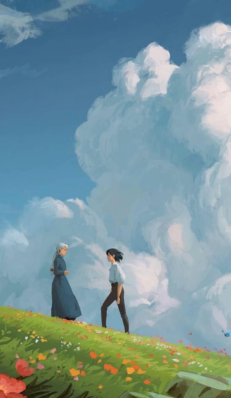 Two Figures on a Flowering Hill Under a Vast Cloudy Sky in Ghibli Style HD phone wallpaper