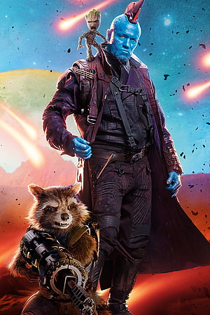 Yondu, Rocket Raccoon, and Groot from Guardians of the Galaxy in a cosmic battle scene HD phone wallpaper