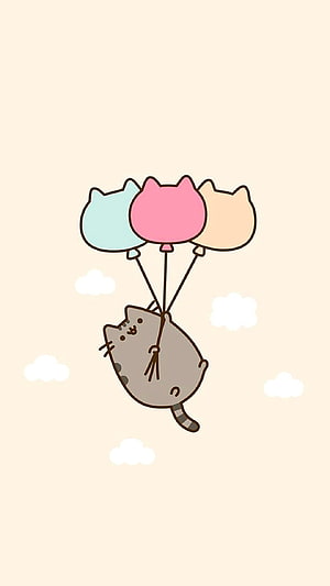 Cute Cartoon Cat Floating with Pastel Balloons in a Soft Sky HD phone wallpaper