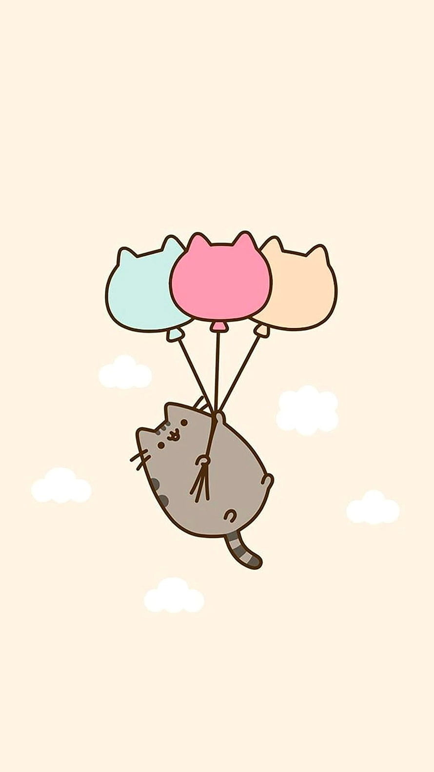 Cute Cartoon Cat Floating with Pastel Balloons in a Soft Sky HD phone wallpaper