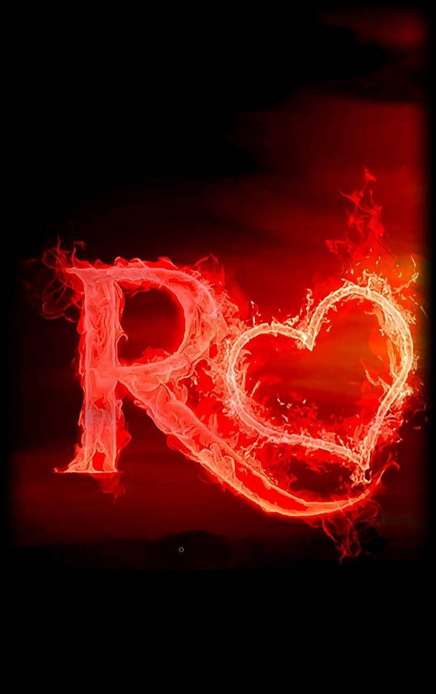 Flaming Red Letter R and Heart Design on Black Background HD phone wallpaper
