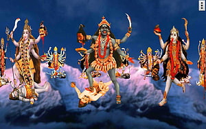 Maa Kali and Hindu Deities in Dynamic Dance Pose Against Stormy Sky HD wallpaper