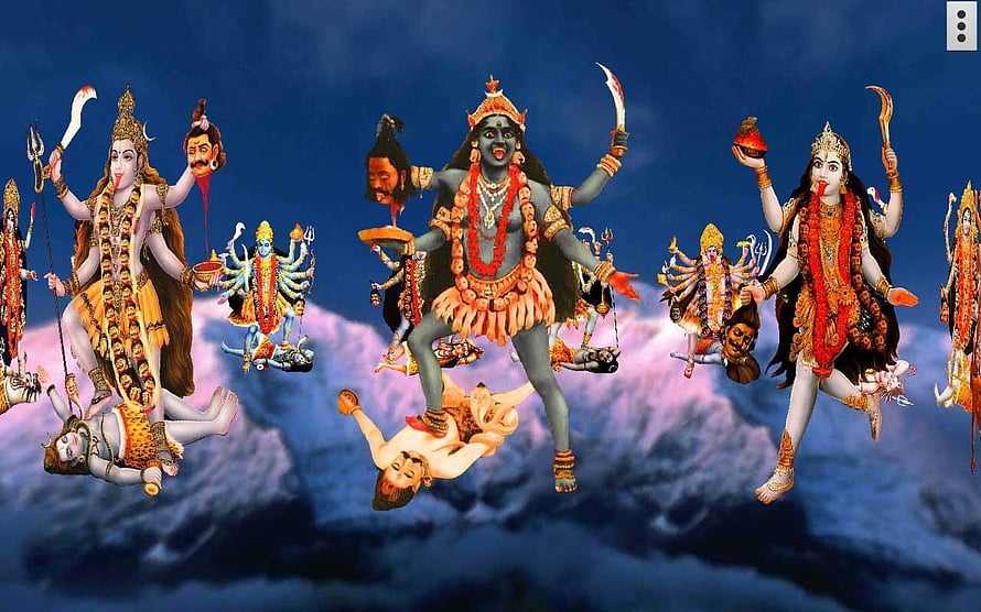 Maa Kali and Hindu Deities in Dynamic Dance Pose Against Stormy Sky HD wallpaper