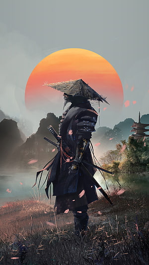 Samurai Warrior in Straw Hat Standing Before a Giant Orange Sunset and Japanese Pagoda HD phone wallpaper