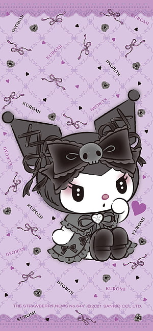 Kuromi in Gothic Lolita Dress with Skull Bow on Lavender Patterned Background HD phone wallpaper