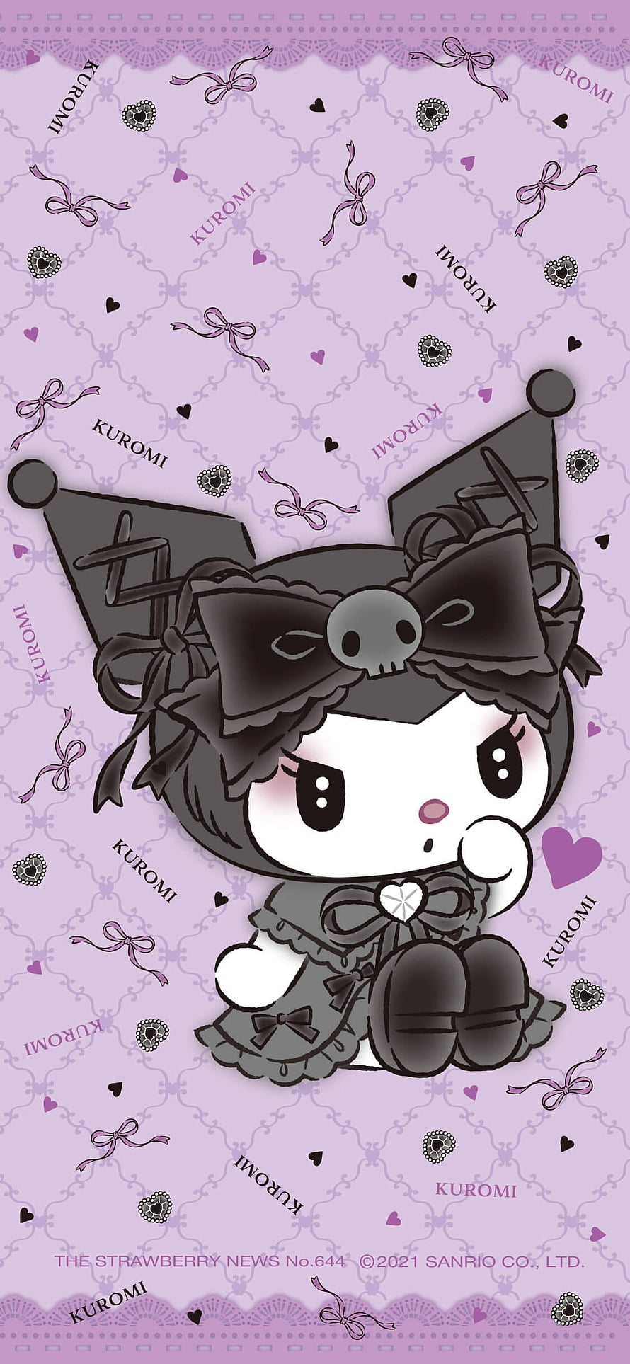 Kuromi in Gothic Lolita Dress with Skull Bow on Lavender Patterned Background HD phone wallpaper