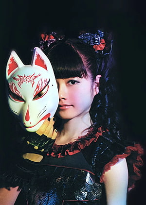 Yui Mizuno of BABYMETAL posing with a white and red fox mask in a dark gothic outfit HD phone wallpaper