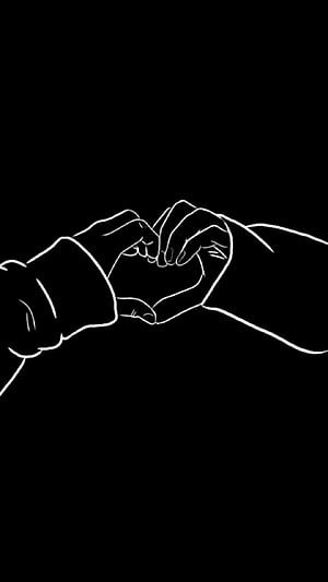 Minimalist White Line Art of Two Hands Forming a Heart Shape on Black Background HD phone wallpaper