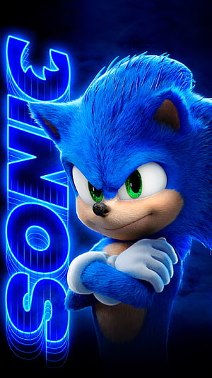 Sonic the Hedgehog Movie Character with Neon Blue Title Text HD phone wallpaper