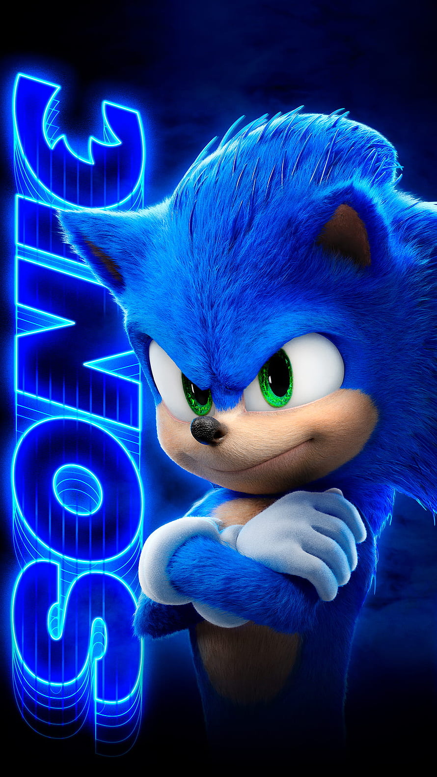 Sonic the Hedgehog Movie Character with Neon Blue Title Text HD phone wallpaper