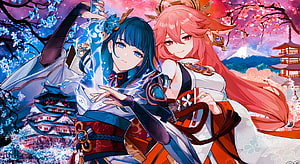 Genshin Impact Yae Miko and Yelan Anime Wallpaper with Japanese Castle and Cherry Blossoms HD wallpaper