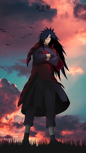 Madara Uchiha Standing in a Field at Sunset with Birds in the Sky HD phone wallpaper