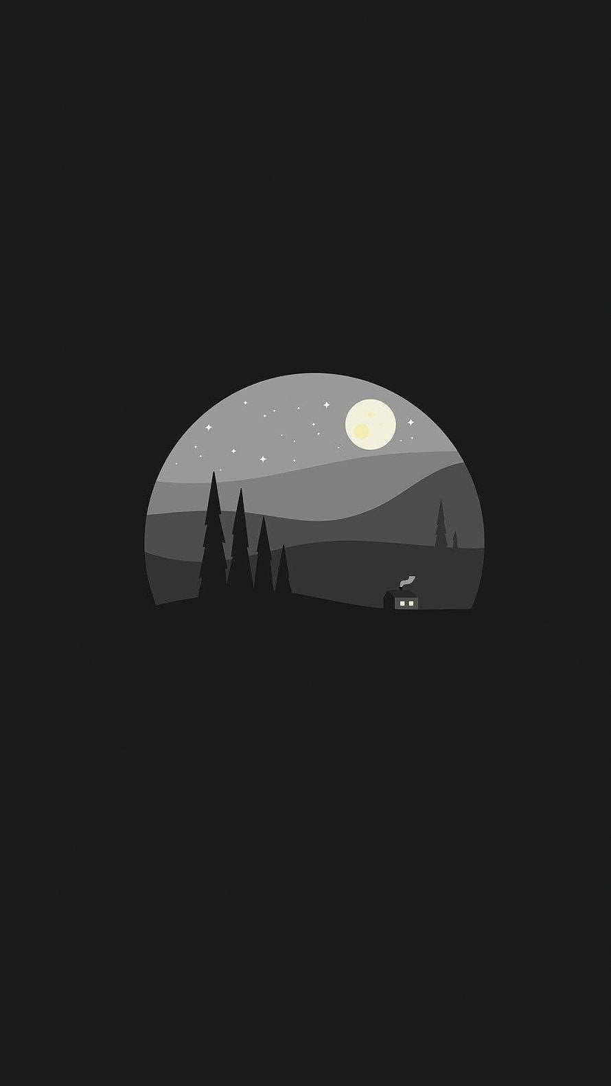 Minimalist Night Landscape with Moon, Stars, and Cabin in Dark Grey Tones HD phone wallpaper