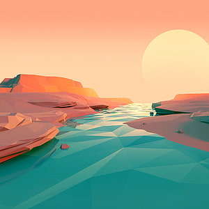 Low Poly Desert Canyon with Turquoise Water and Warm Sunset Sky HD phone wallpaper