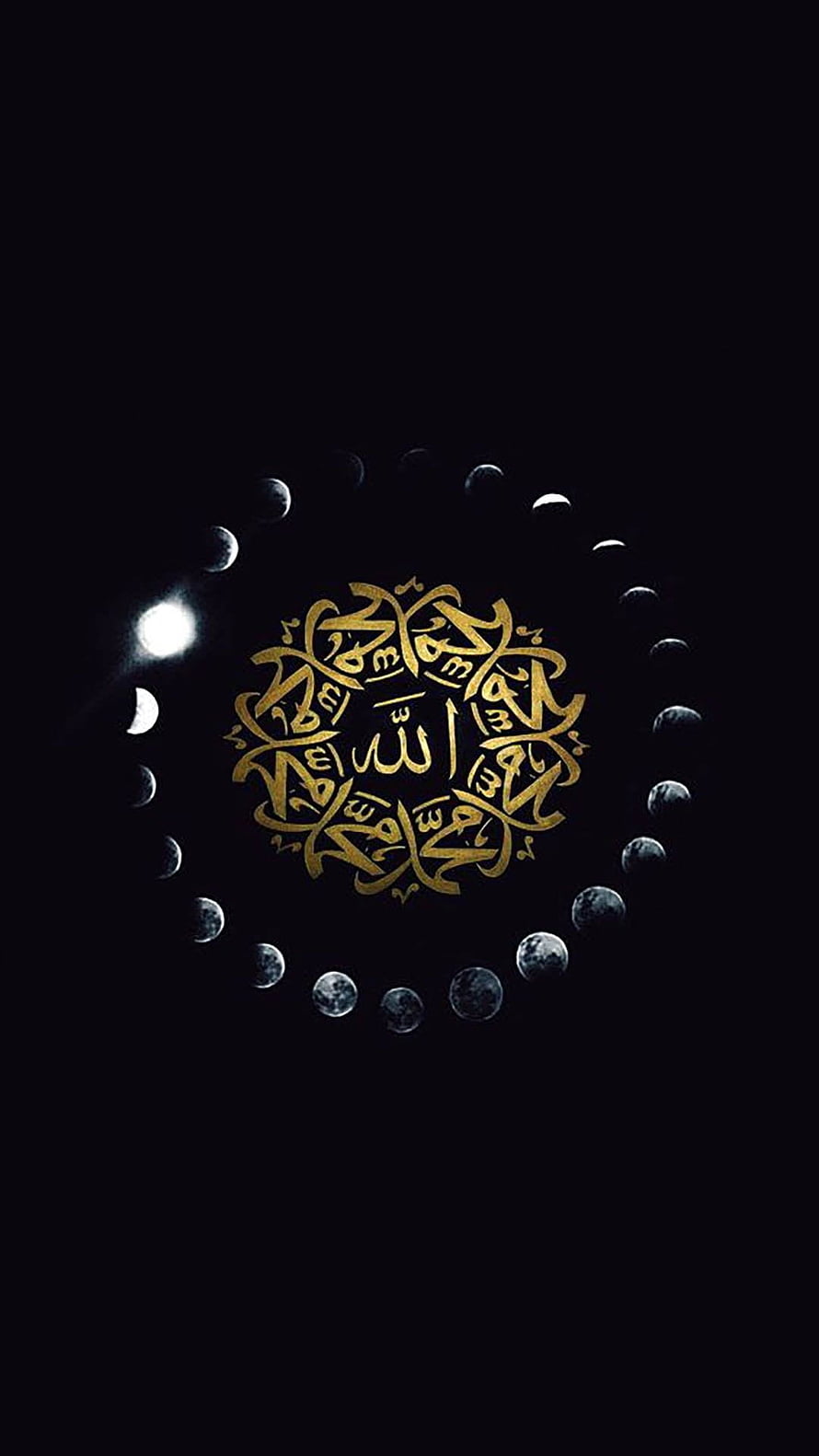Golden Islamic Calligraphy Mandala with Moon Phases on Black Background HD phone wallpaper