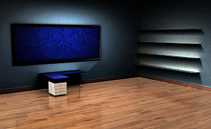 Modern Minimalist Home Office with Wall-Mounted TV and Floating Shelves HD wallpaper