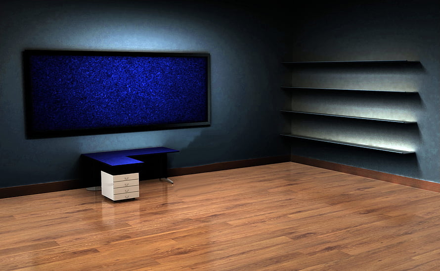Modern Minimalist Home Office with Wall-Mounted TV and Floating Shelves HD wallpaper