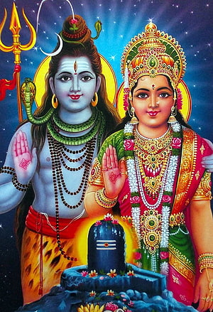 Lord Shiva and Goddess Parvati with Shiva Lingam and Trishul in Divine Devotional Art HD phone wallpaper
