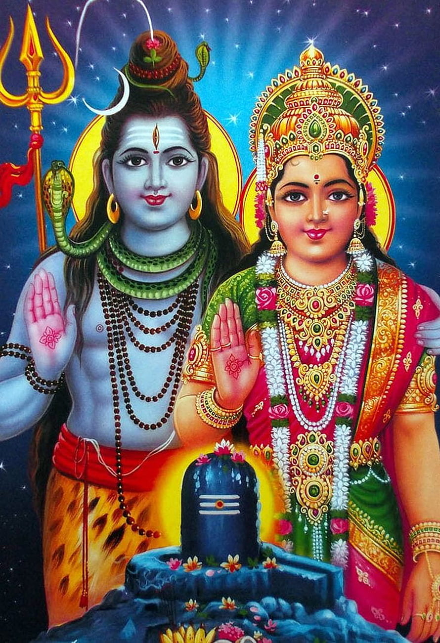 Lord Shiva and Goddess Parvati with Shiva Lingam and Trishul in Divine Devotional Art HD phone wallpaper