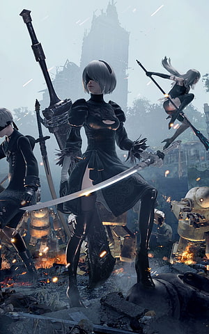 NieR Automata 2B A2 and 9S in Post-Apocalyptic Battlefield with Swords and Mechs HD phone wallpaper
