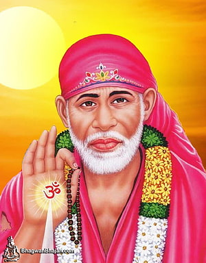 Sai Baba Portrait in Pink Turban with Om Symbol and Flower Garland HD phone wallpaper