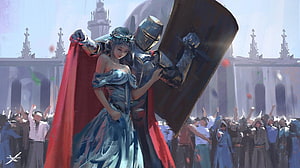 Medieval Knight Shielding Princess in Blue Gown Before Castle Crowd HD wallpaper