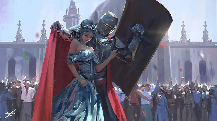 Medieval Knight Shielding Princess in Blue Gown Before Castle Crowd HD wallpaper
