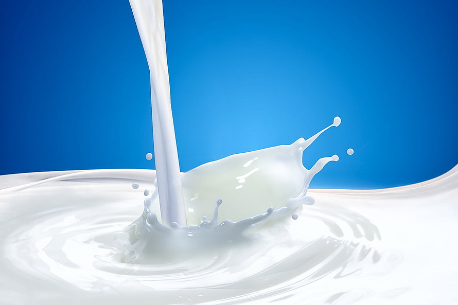 Fresh Milk Splash Pouring Into White Liquid Against Vibrant Blue Background HD wallpaper
