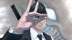 Chainsaw Man Anime Character in Suit with Katana and Hand Gesture HD wallpaper